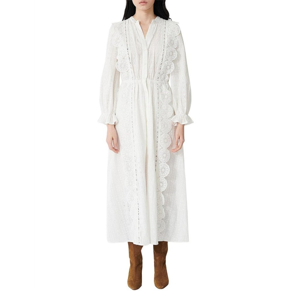 $400 Maje Cotton Midi Dress with Broderie Anglaise White Size 36/ US 4 - Picture 5 of 13